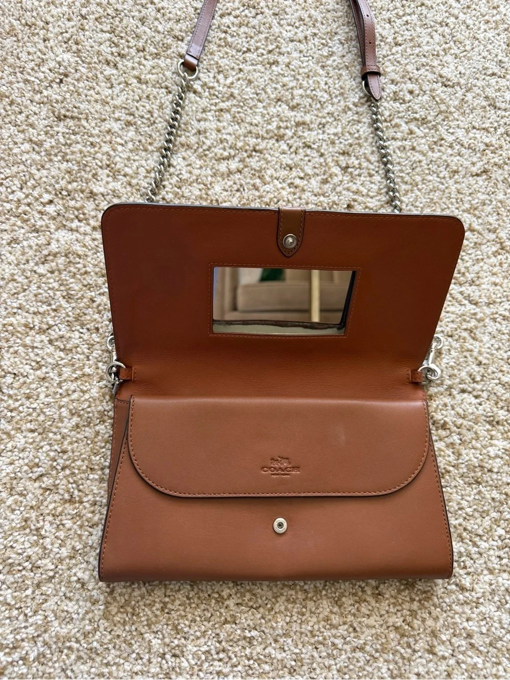 Coach Nomad Crossbody Clutch Wallet in Saddle Brown Leather Silver Chain